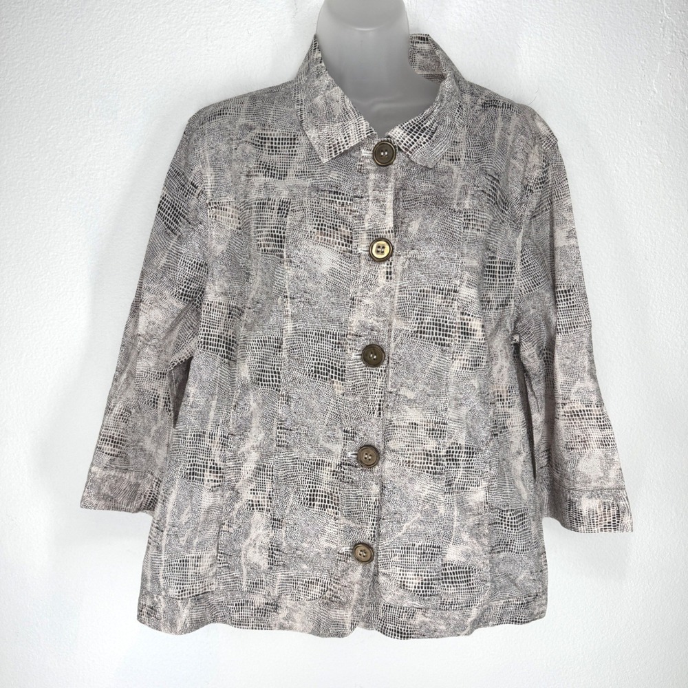 Chicos Womens Size 3 Cotton Snakeskin Print Button Front 3/4‎ Sleeve Jacket Grey
